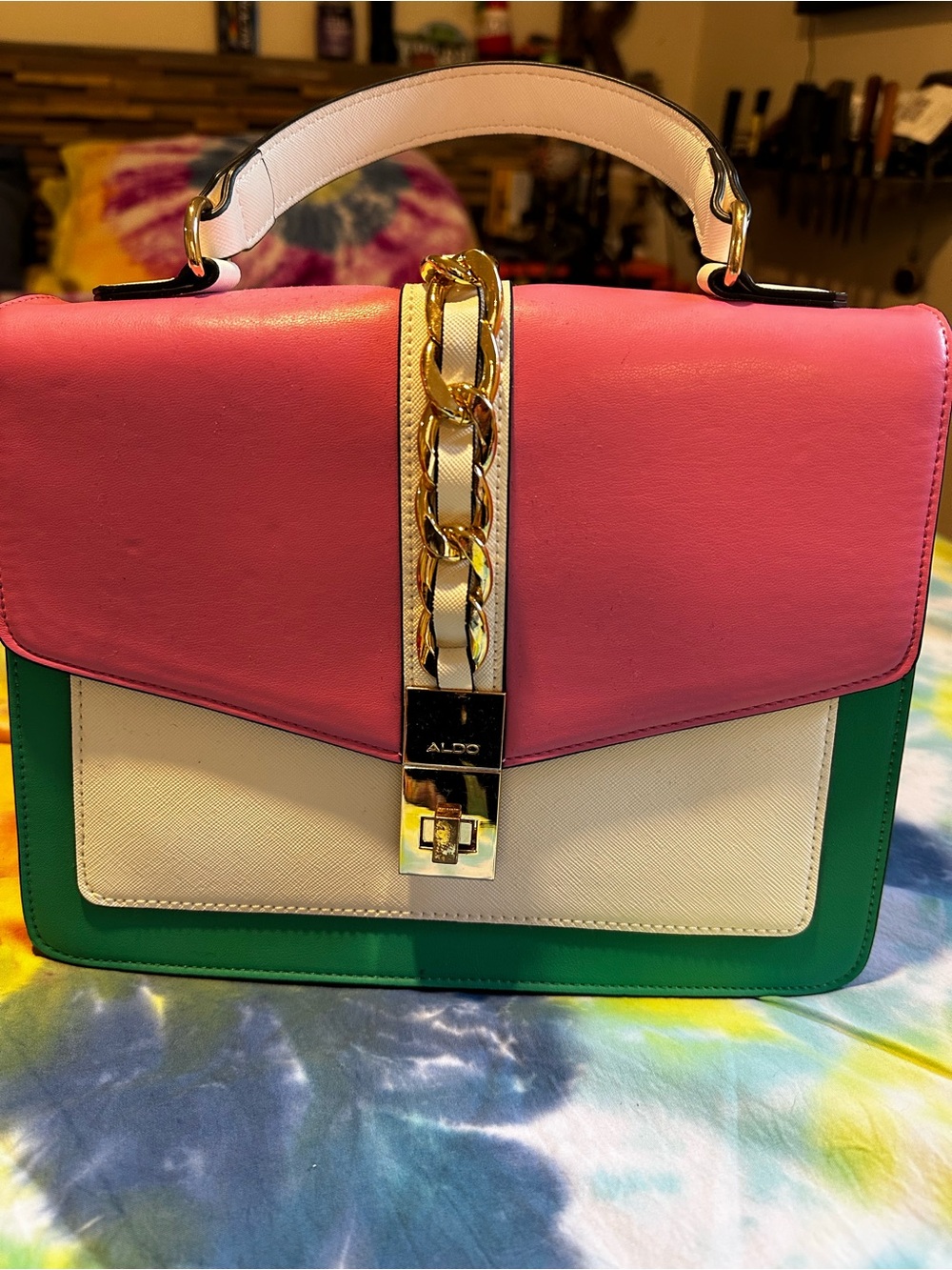 Aldo Pink, White & Green Colorblock Top-Handle Satchel with Gold Chain